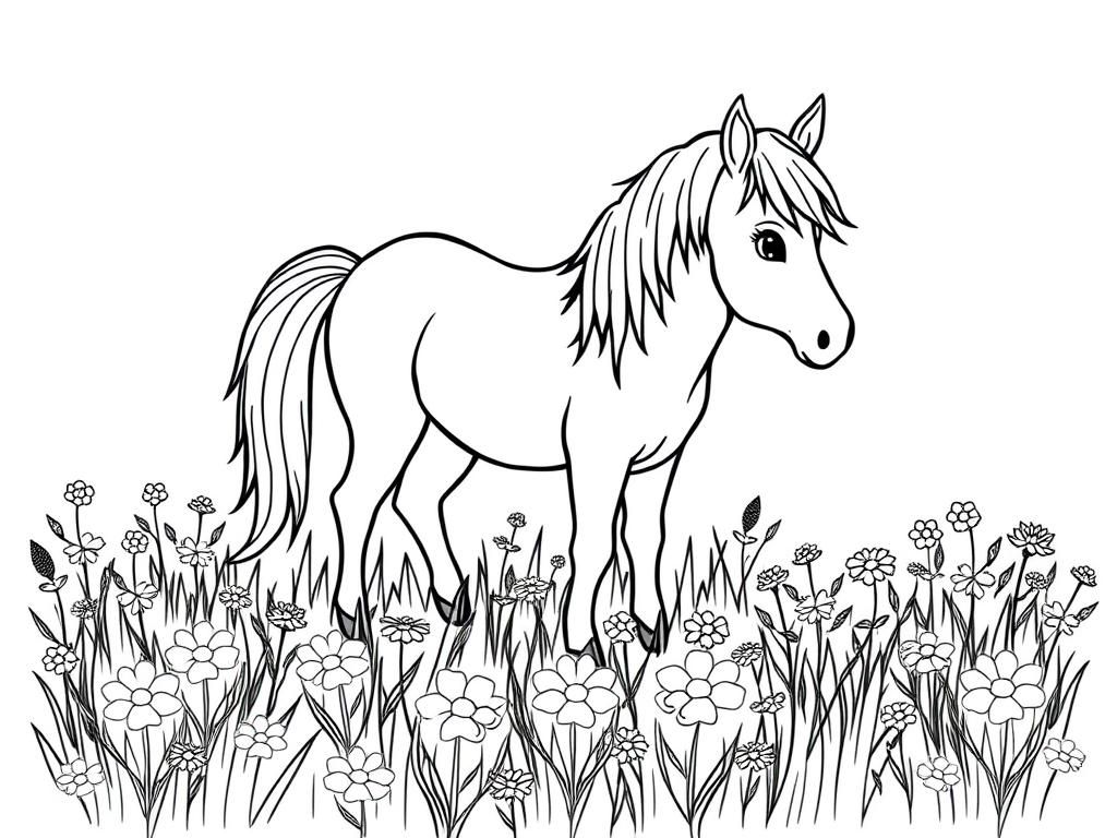Horse in a Field Coloring Page