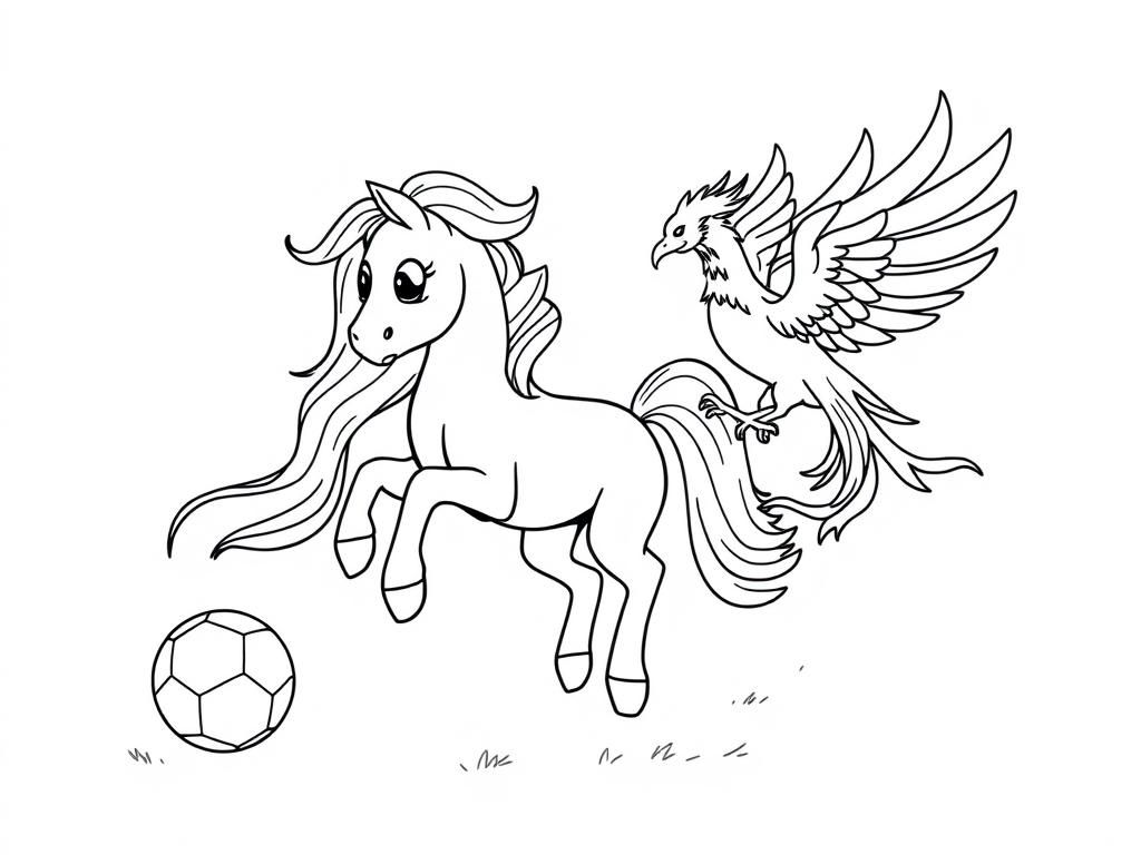 Kleurplaat van Pony en Vogel, voetbalvrienden