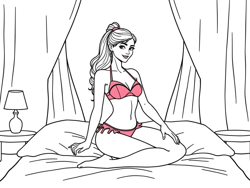 a pretty ballerina woman wearing a pink bikini on a sitting on a bed
