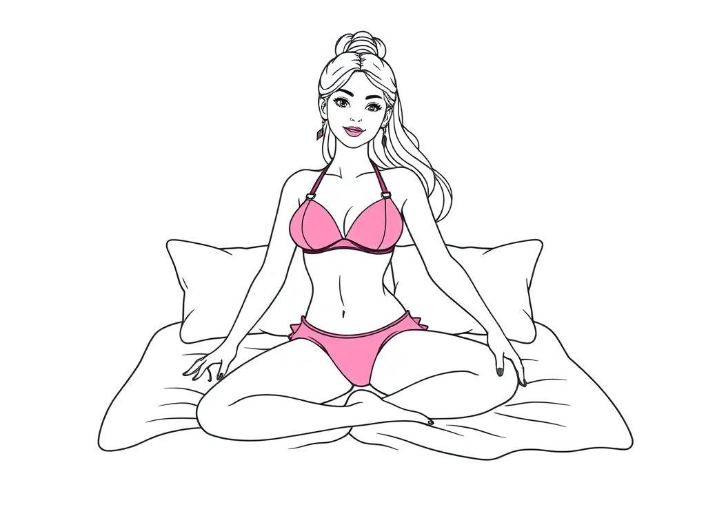 a pretty ballerina woman wearing a pink bikini on a sitting on a bed