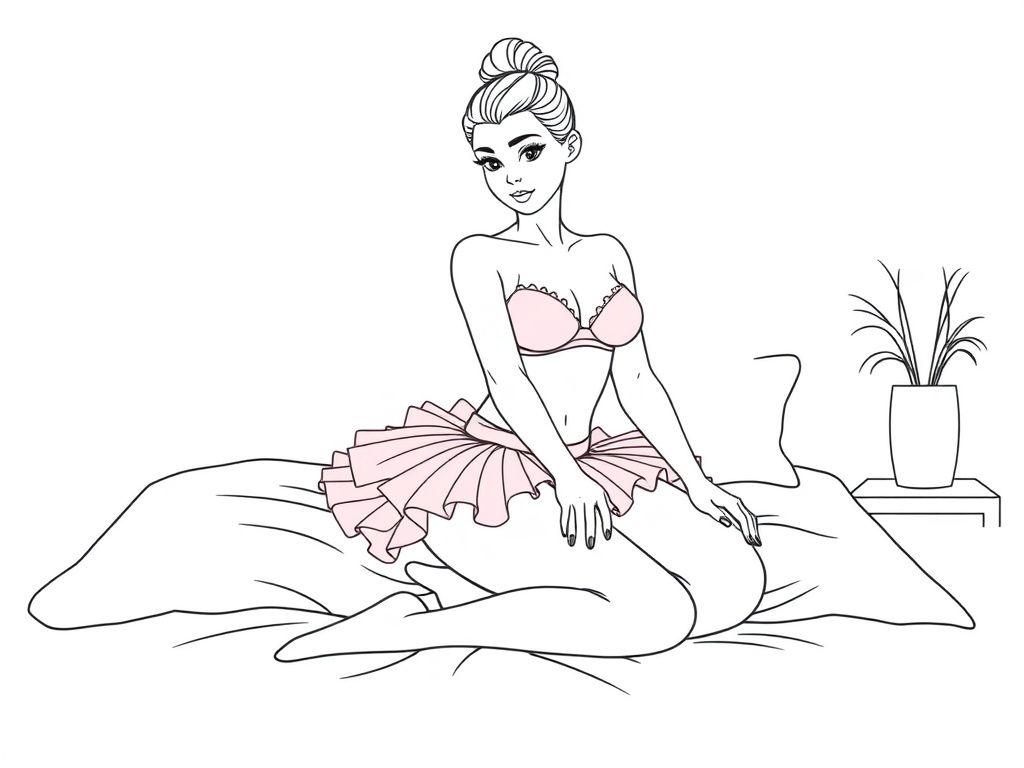 a pretty ballerina woman wearing a pink tutu and bikini and is sitting on a bed