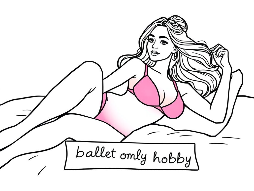 a pretty ballerina woman with a pink bikini and leotard on a lying on a bed with a sign that says "ballet is my only hobby"