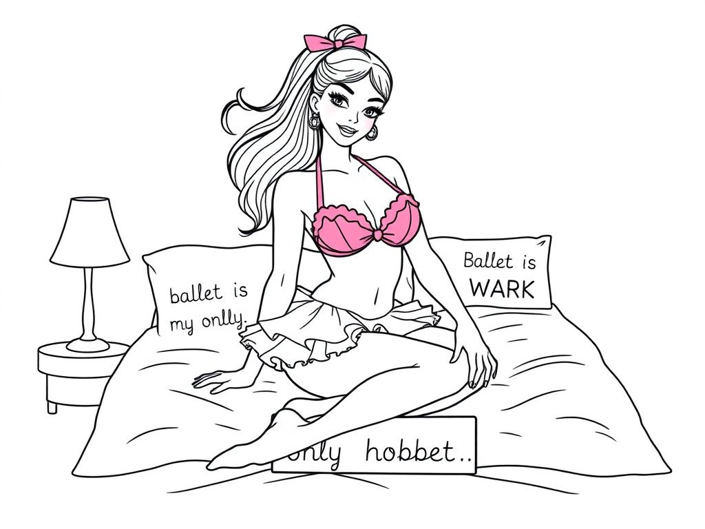 a pretty ballerina woman with a pink bikini and tutu on a sitting on a bed with a sign that says "ballet is my only hobby"