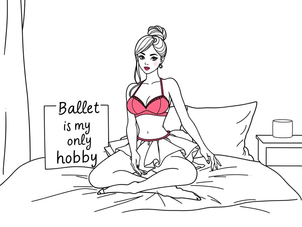 a pretty ballerina woman with a pink bikini and tutu on a sitting on a bed with a sign that says "ballet is my only hobby"
