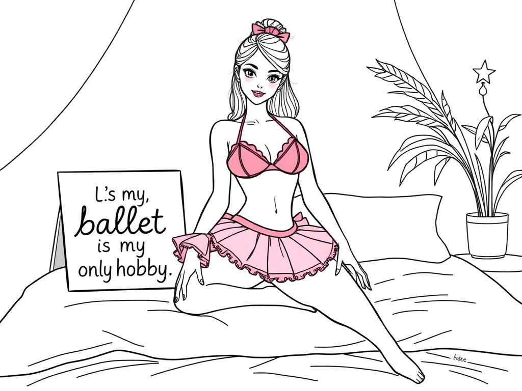 a pretty ballerina woman with a pink bikini and tutu on a sitting on a bed with a sign that says "ballet is my only hobby"
