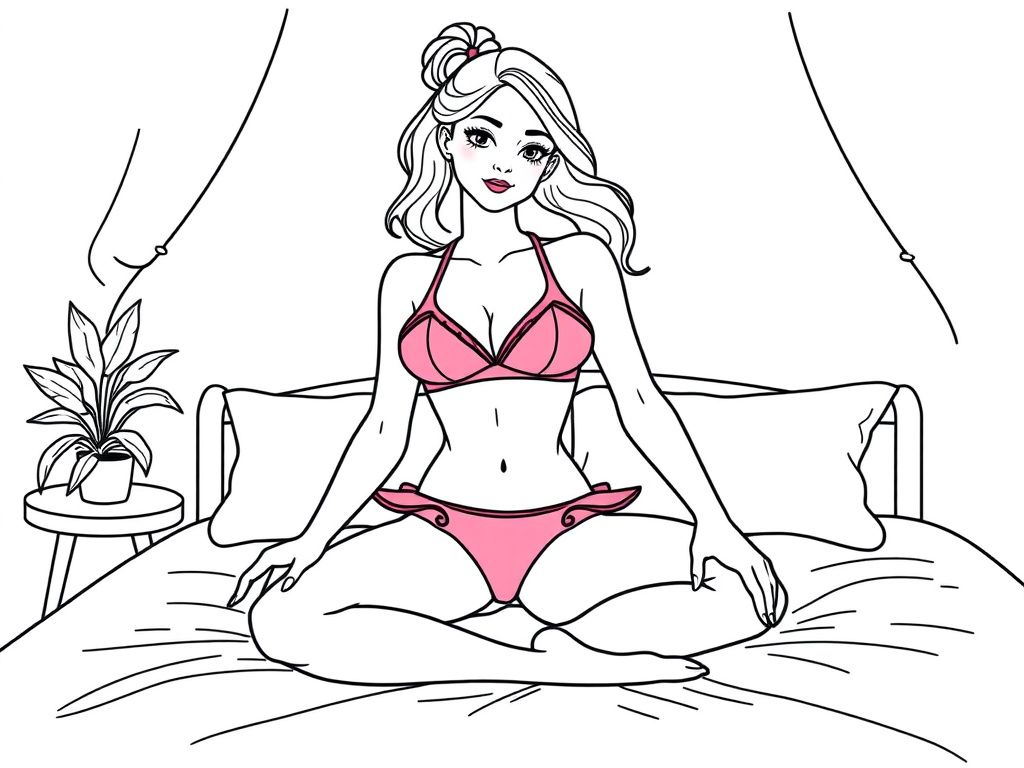 a pretty ballerina woman with a pink bikini on a sitting on a bed