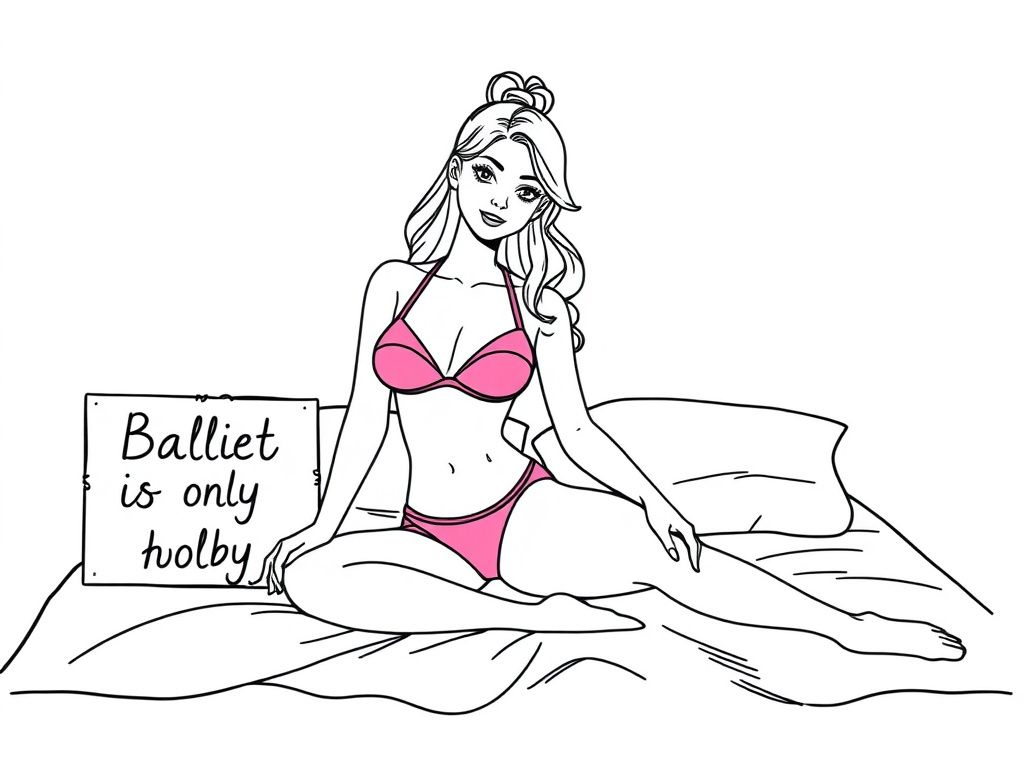 a pretty ballerina woman with a pink bikini on a sitting on a bed with a sign that says "ballet is my only hobby"
