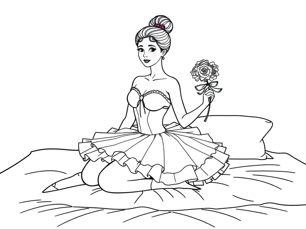 a pretty woman ballerina wearing a pink tutu and is sitting on a bed and has flowers in her hand - Free Printable Flower Coloring Page