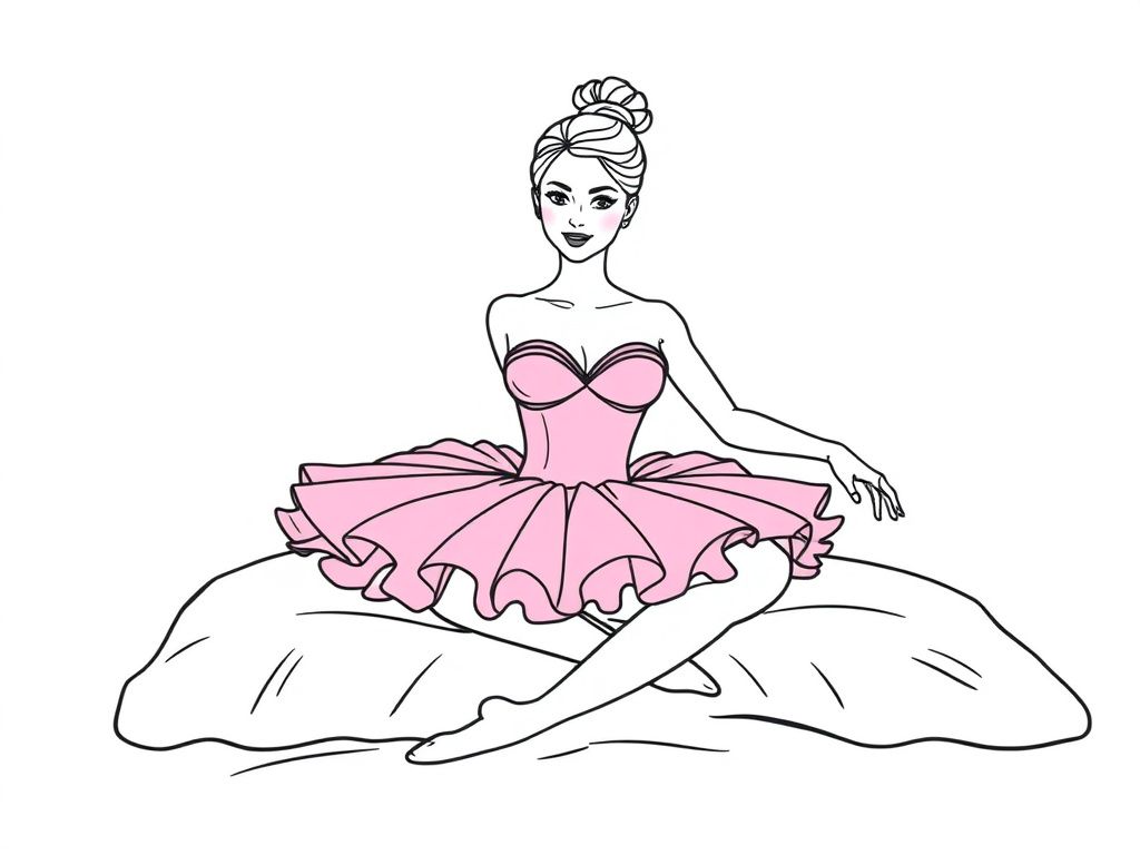a pretty woman ballerina wearing a pink tutu and is sitting on a bed