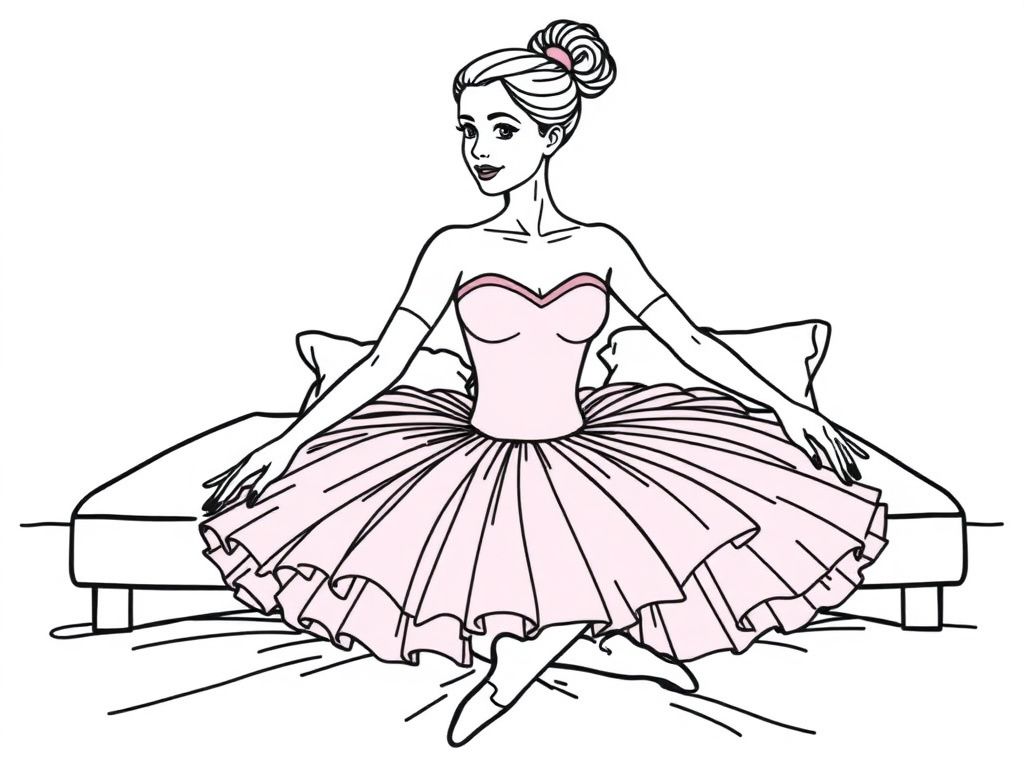 a pretty woman ballerina wearing a pink tutu and is sitting on a bed