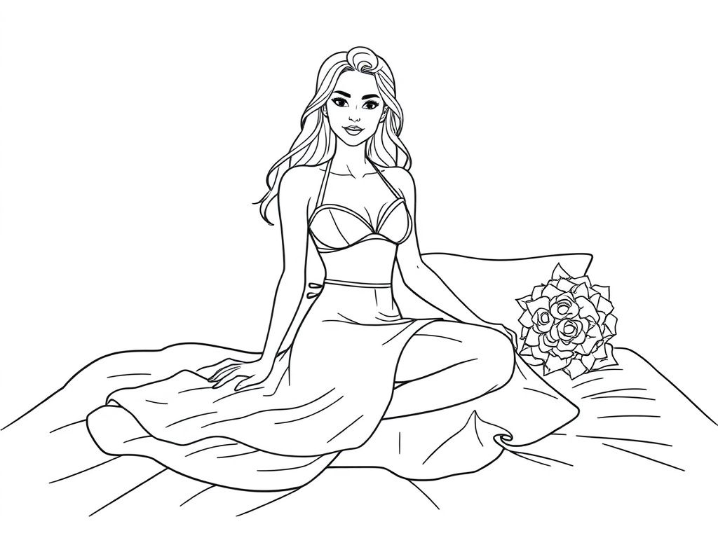 a pretty woman in a bikini wedding dress on a bed