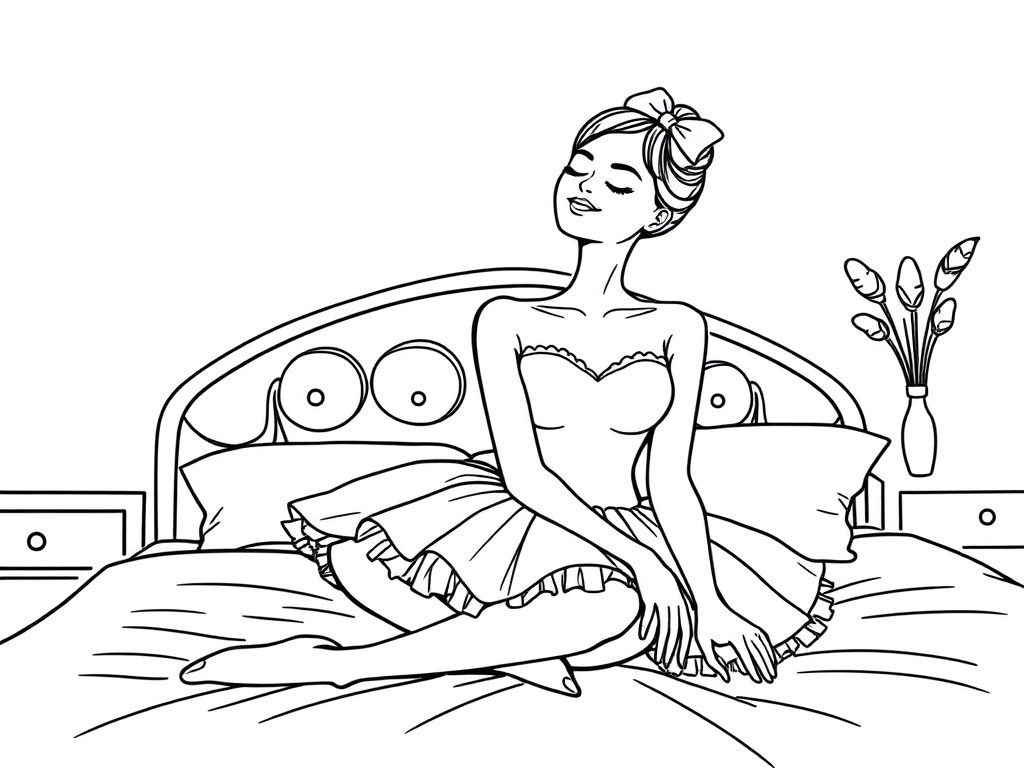 a pretty woman in a pink ballerina costume siting on a bed closing her eyes with a gentle smile - Free Printable Flower Coloring Page