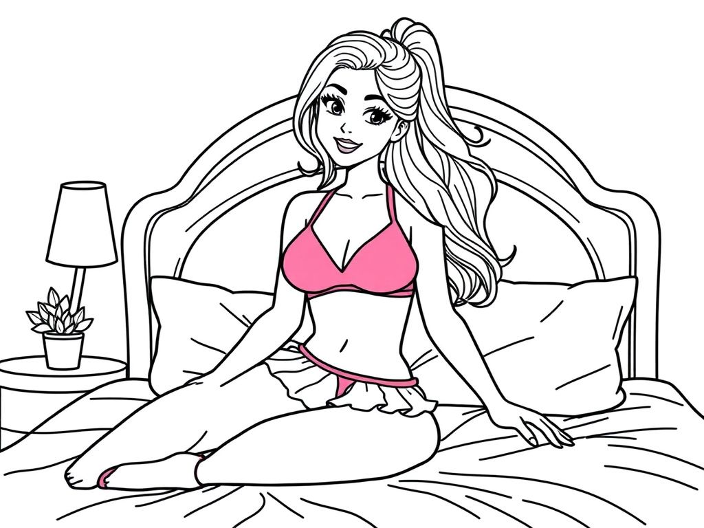 a pretty woman in a pink bikini, ballerina clothes, and is a cheerleader on a bed
