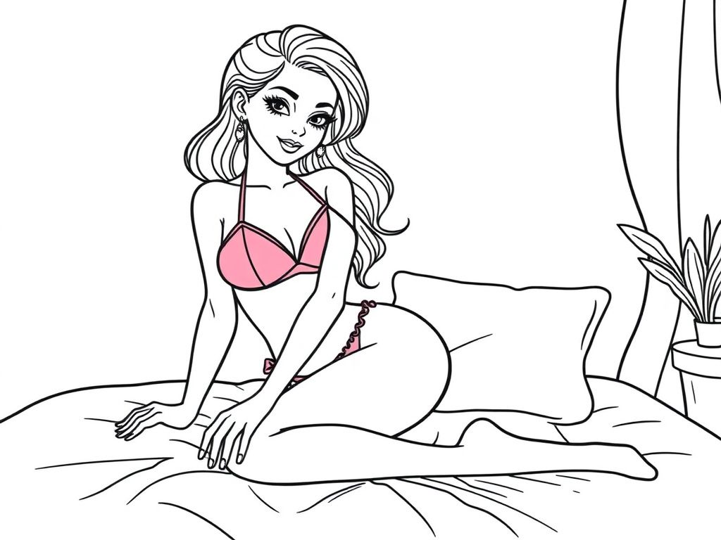 a pretty woman in a pink bikini, ballerina clothes, and is on a pink bed