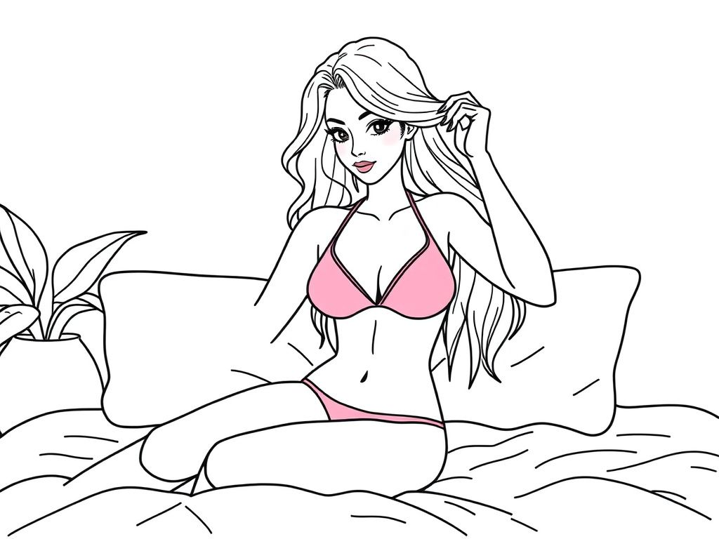 a pretty woman in a pink bikini, combing her hair on abed