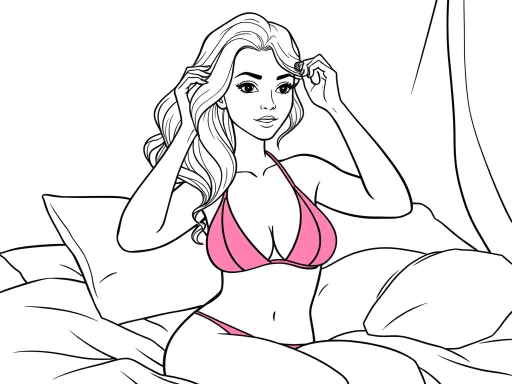 a pretty woman in a pink bikini, combing her hair on abed