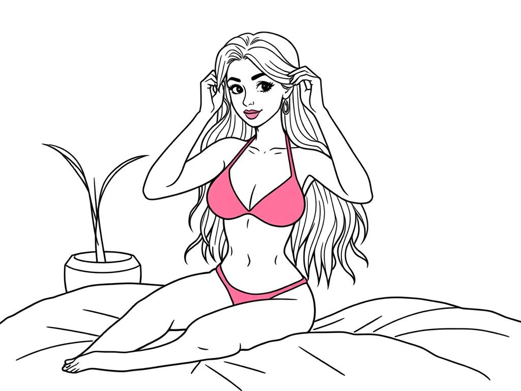 a pretty woman in a pink bikini, combing her hair on abed