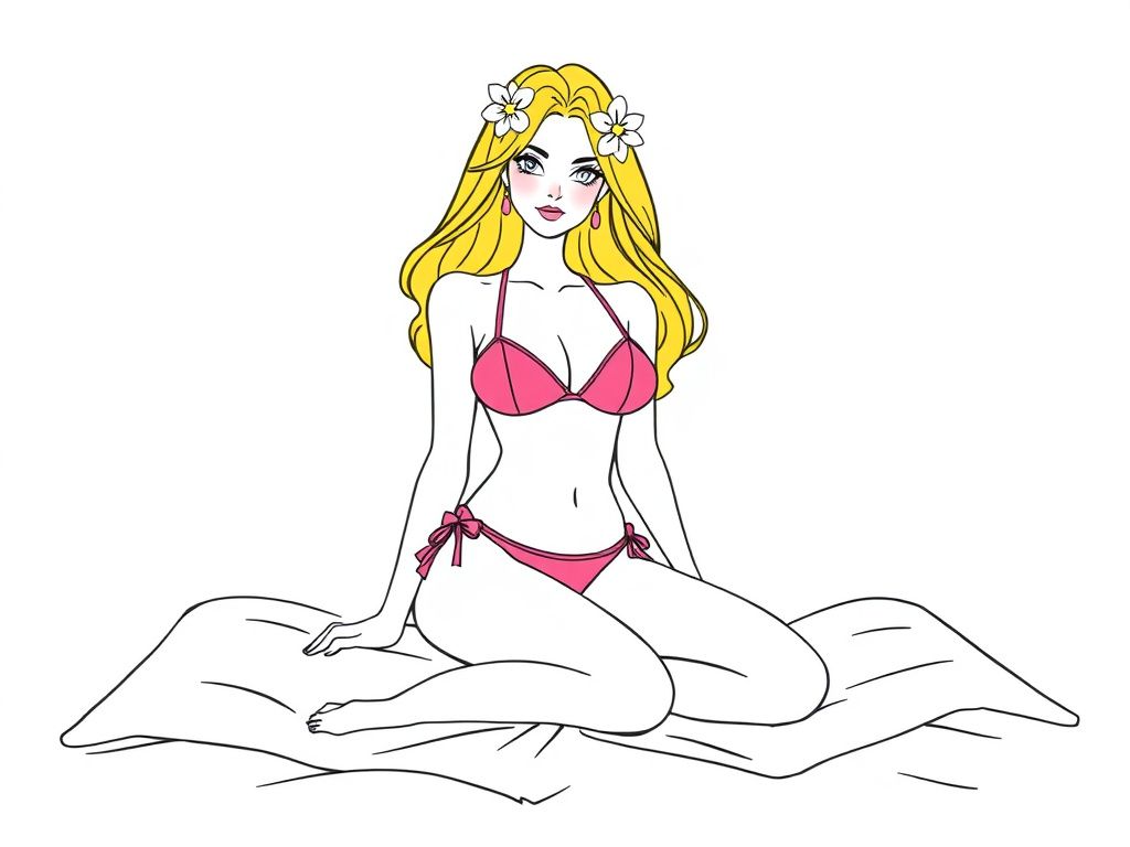a pretty woman in a pink bikini on a bed with yellow hair with flowers in it and is half sitting, half kneeling