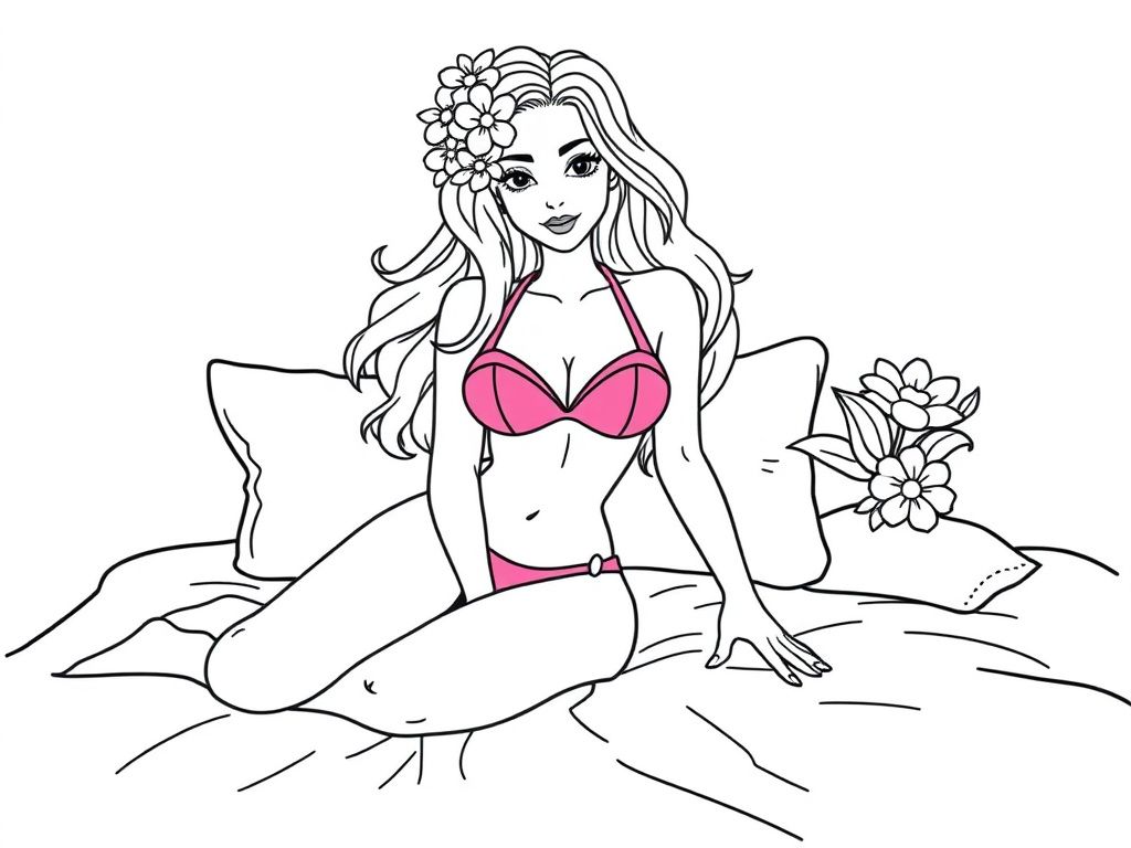 a pretty woman in a pink bikini on a bed with yellow hair with flowers in it and is half sitting, half kneeling - Free Printable Flower Coloring Page