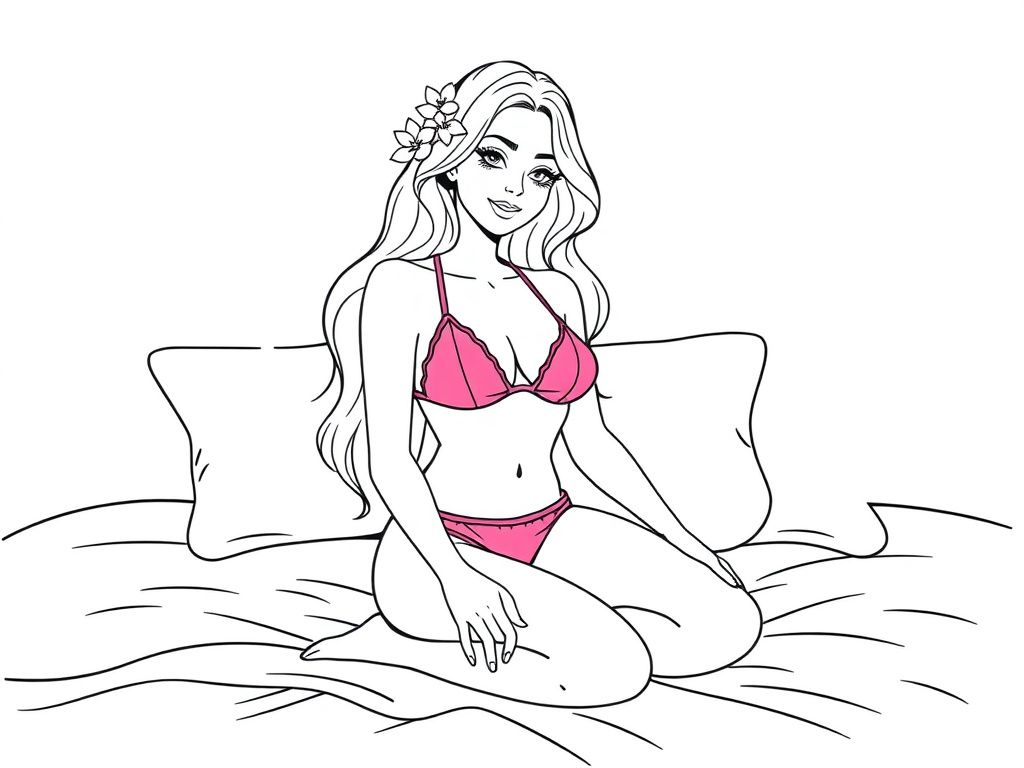a pretty woman in a pink bikini on a bed with yellow hair with flowers in it and is half sitting, half kneeling