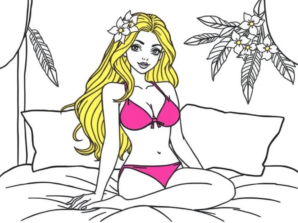 a pretty woman in a pink bikini on a bed with yellow hair with flowers in it - Free Printable Flower Coloring Page