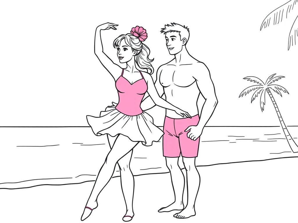 a pretty woman in a pink leotard and tutu with a handsome man on the beach