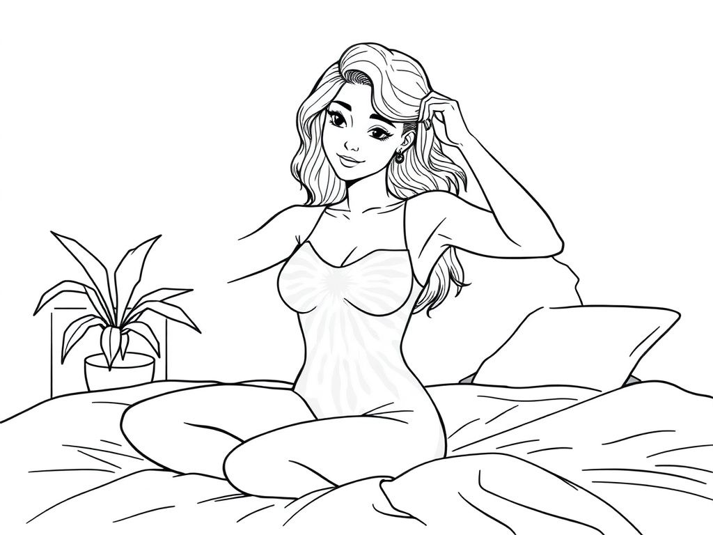 a pretty woman in a tye dye leotard, combing her hair on abed