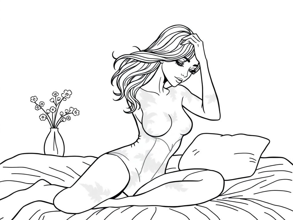 a pretty woman in a tye dye leotard, combing her hair on abed