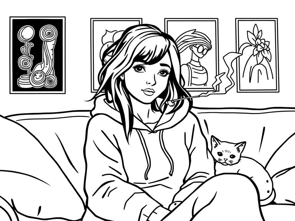 A pretty woman wearing a hoodie, sitting on the couch, smoking. A cute cat is cuddled on the couch and art on the walls - Free Printable Coloring Page