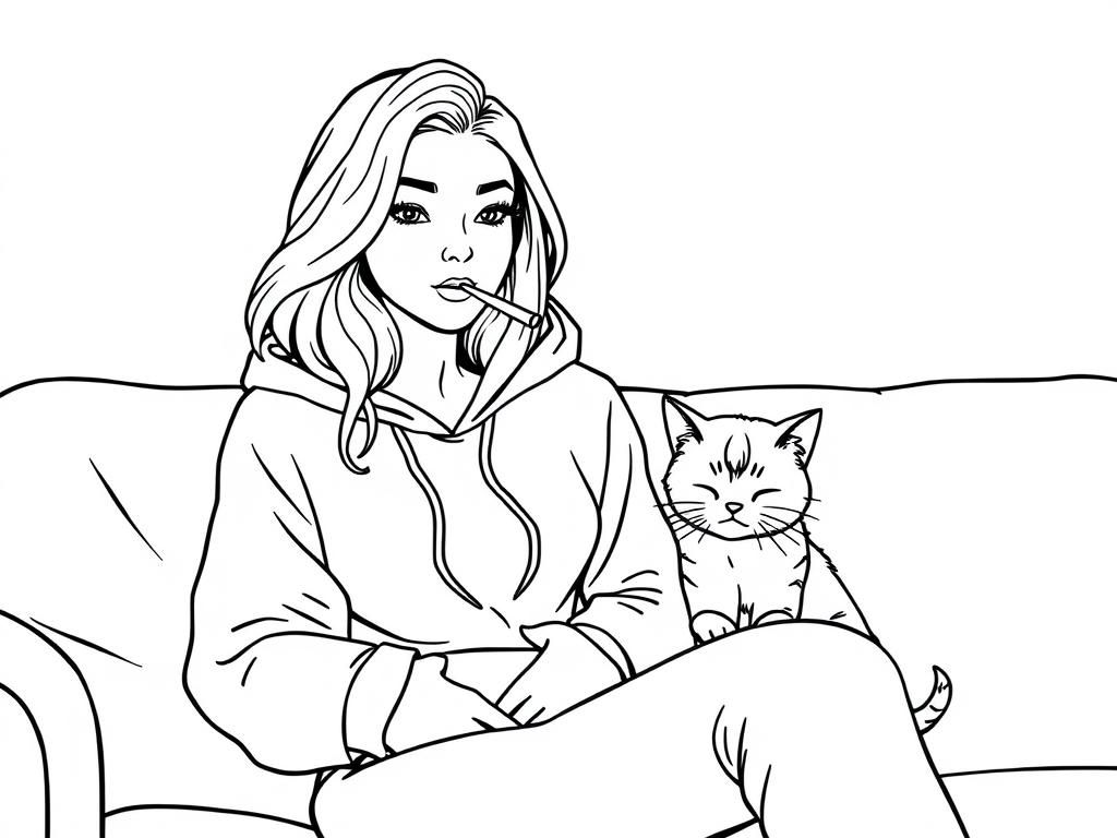 Woman and Cat Coloring Page