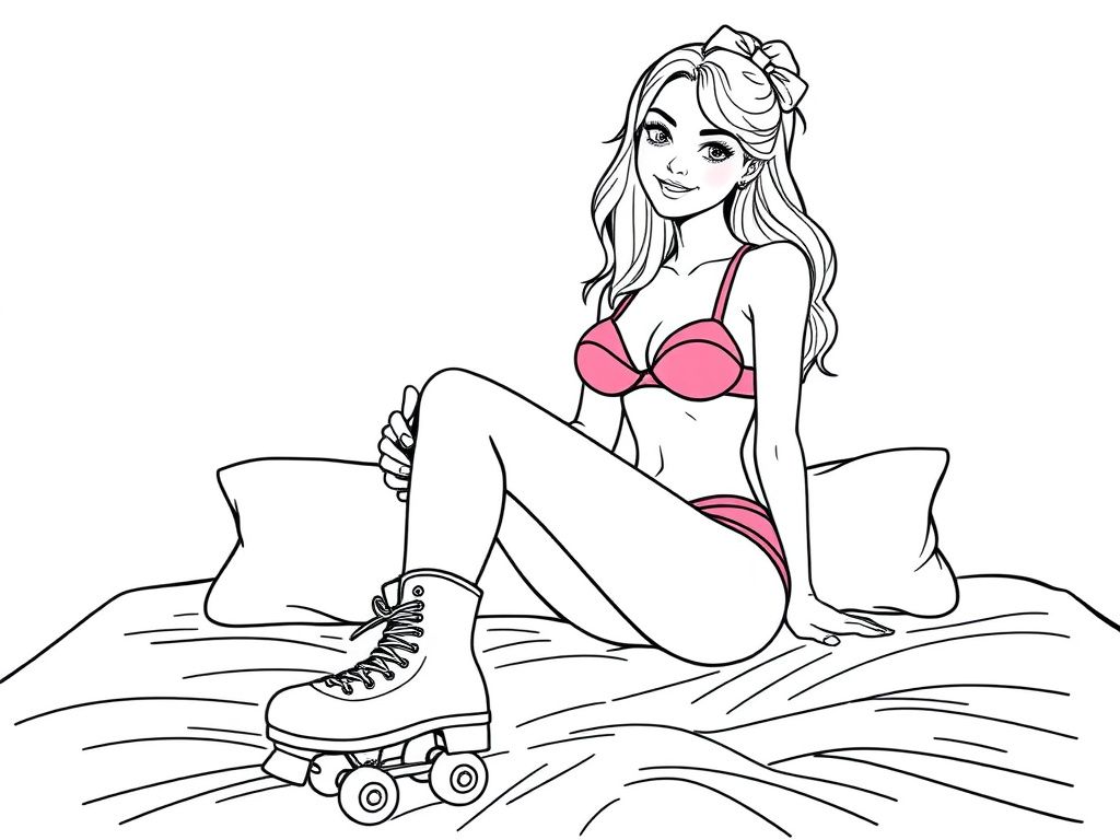 a pretty woman wearing a pink bikini and roller skates Aand is sitting on a bed with her legs crossed