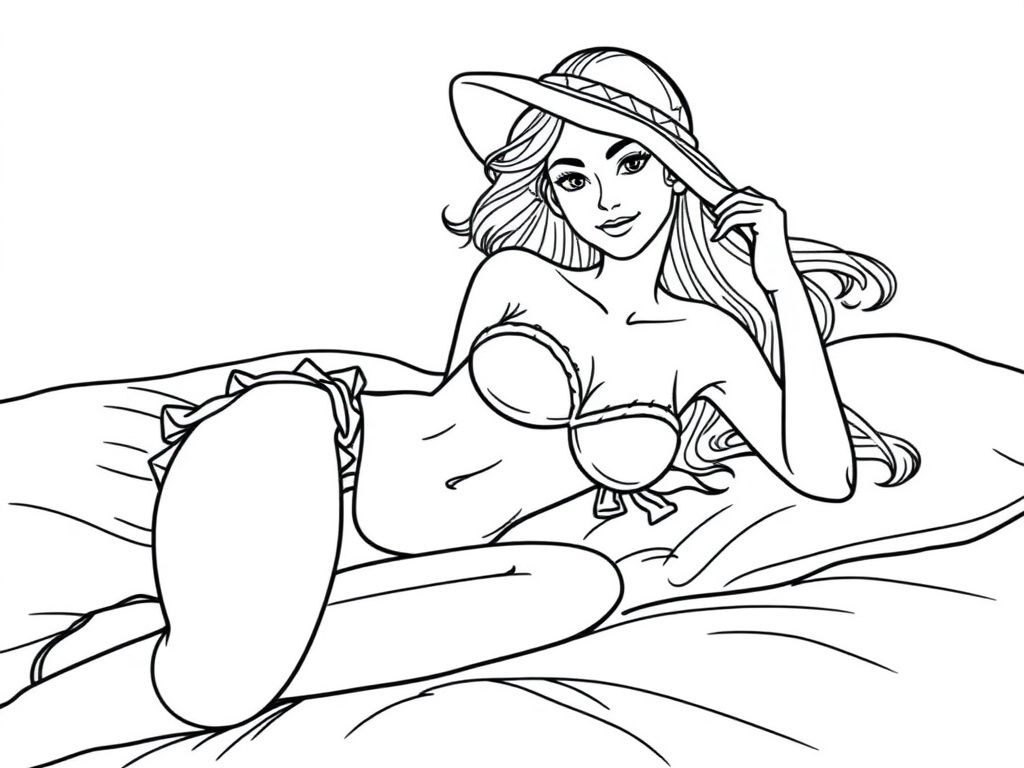 A pretty woman who is a ballerina beach babe and is lying on a bed