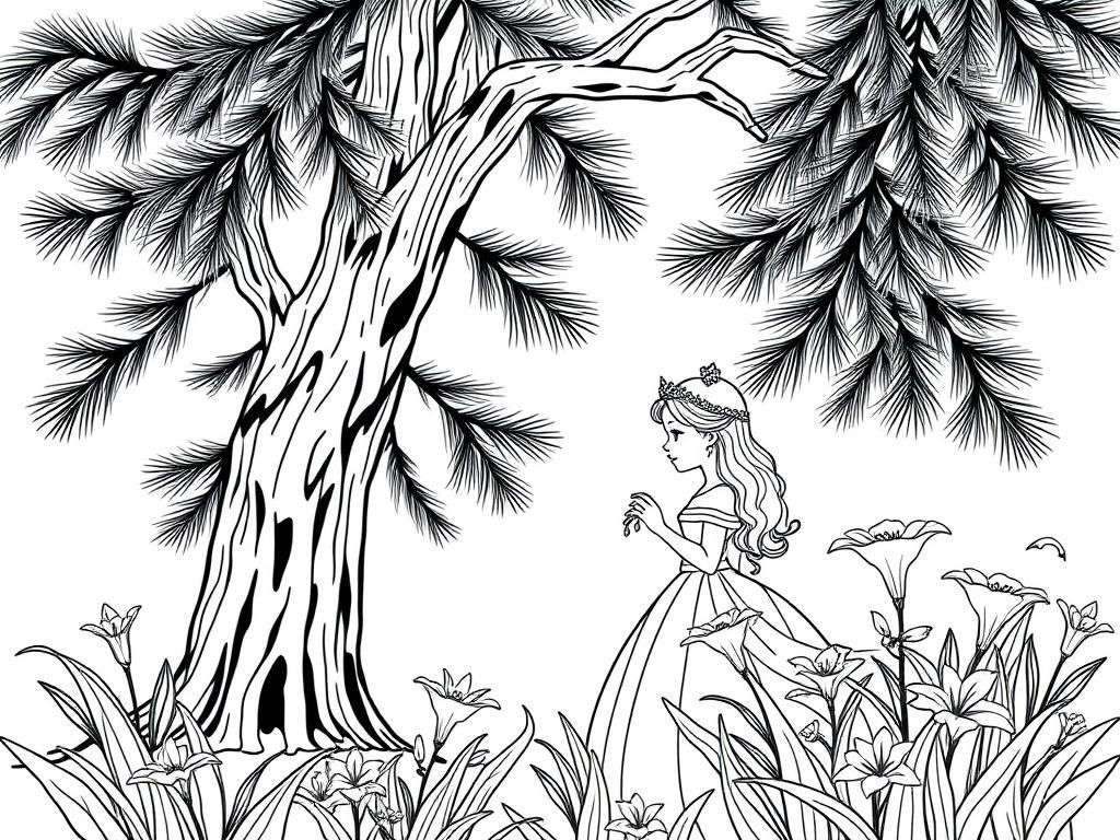 Preview of a princess smelling lily flowers under a pine tree