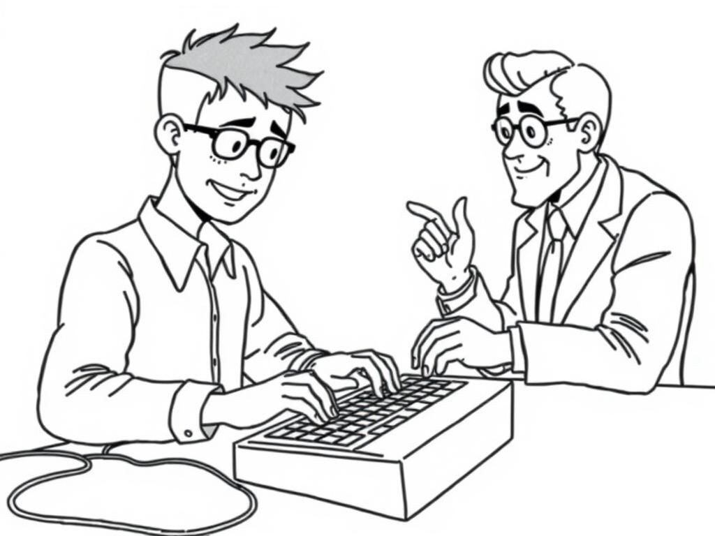 Preview of a programmer banging on a keyboard while a banker looks around barking orders.