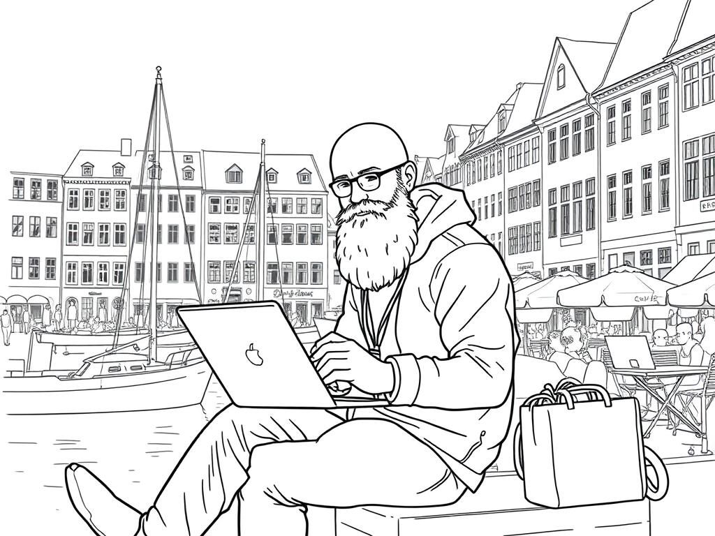 A programmer sitting in Nyhavn copenhagen. Bald with full beard.