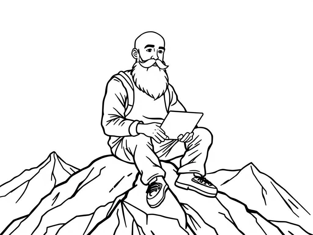 A programmer sitting on a mountain top. He is bald and has a full beard.