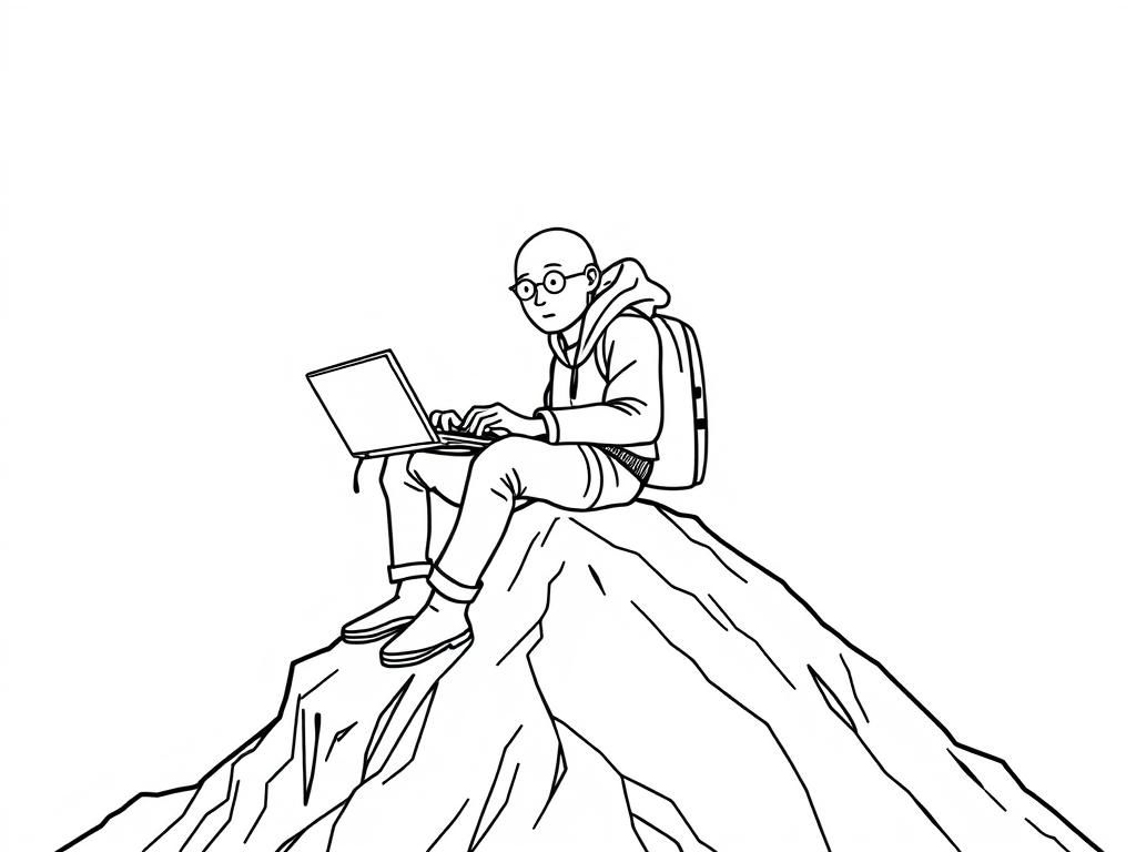 A programmer sitting on a mountain top. He is bald.