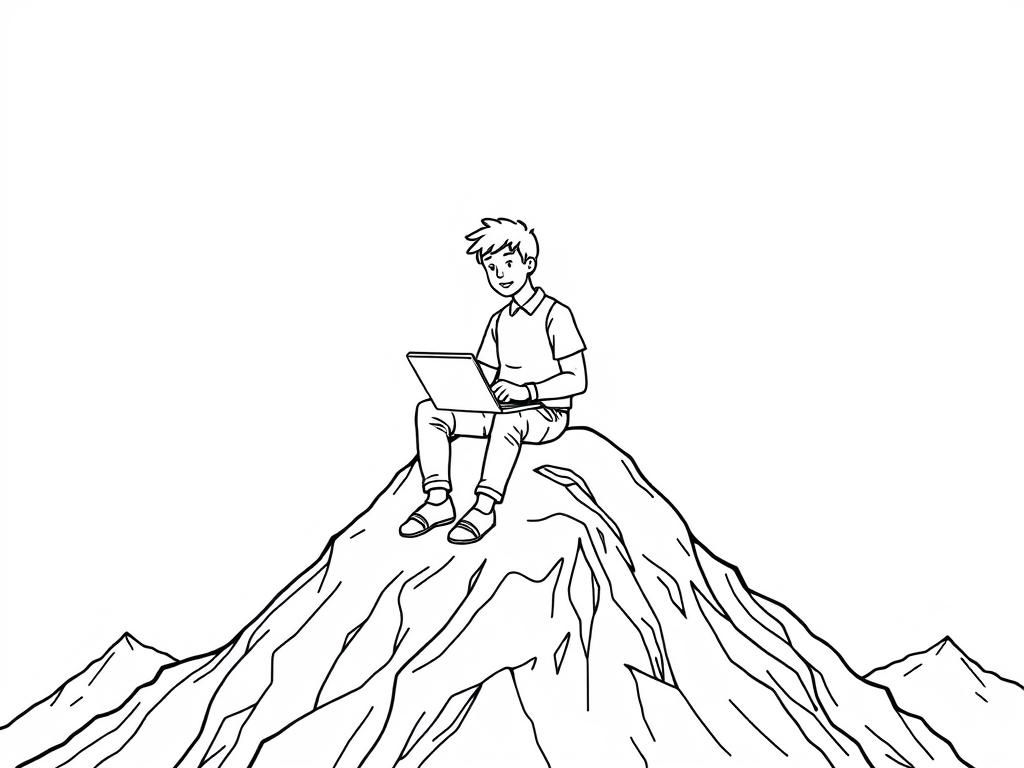 A programmer sitting on a mountain top with a lot of money