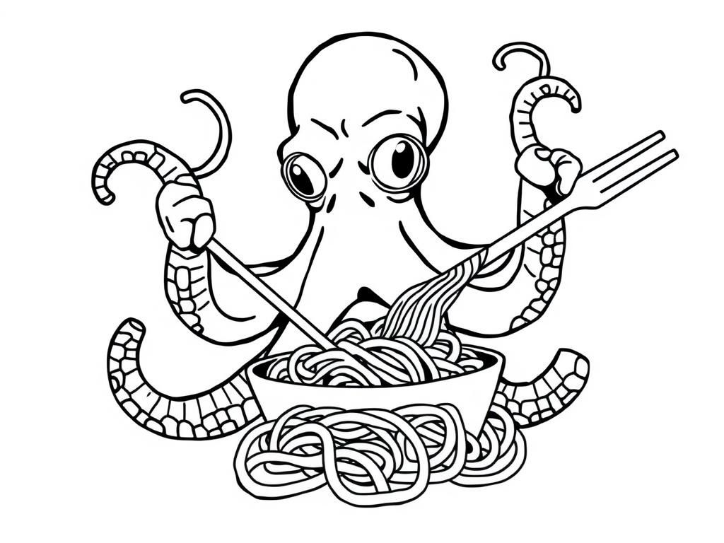 A PUNK ROCK OCTOPUS COOKING SPAGHETTI - Free Printable Coloring Page