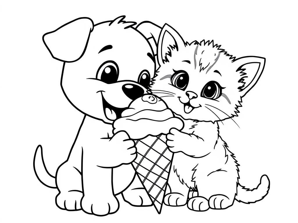 A puppy and a kitten sharing a giant ice cream cone, both with happy, messy faces - Free Printable Coloring Page