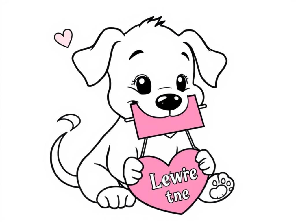 A puppy carrying a Valentine card in its mouth, wagging its tail happily for a cute Valentines Day coloring page