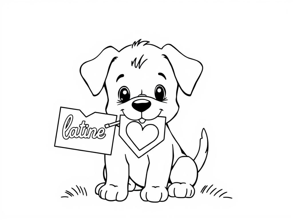 A puppy holding a Valentine card in its mouth, wagging its tail. - Valentines Day Coloring Page