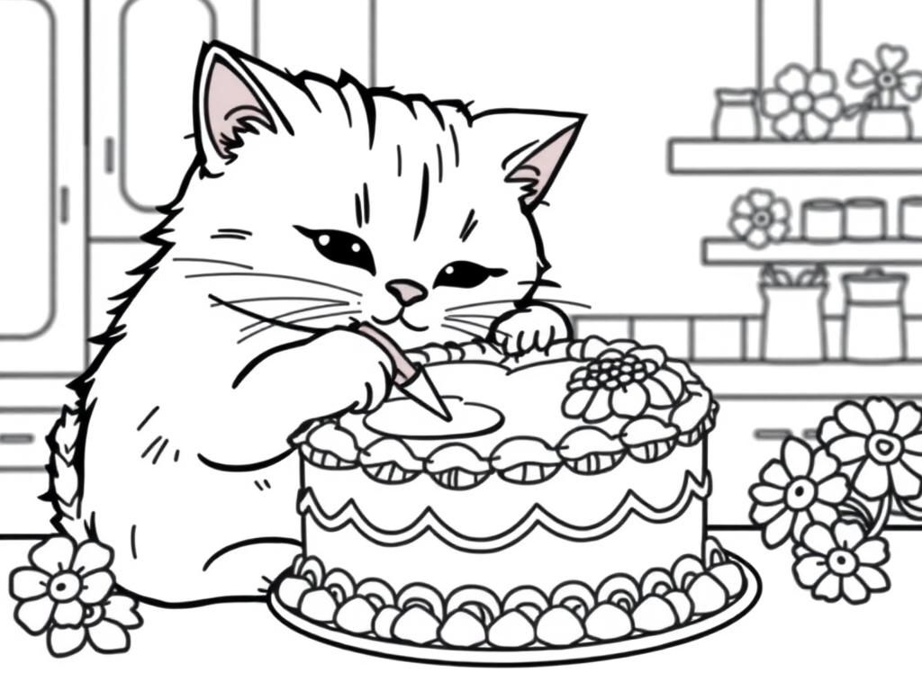 A pusheen cat icing and decorating a heart shaped cake with frilly piping in a kitchen with flowery decorations - Free Printable Coloring Page