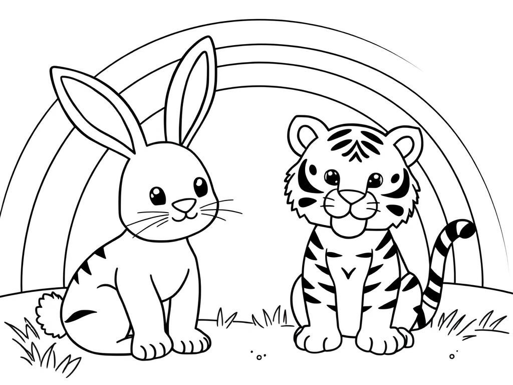 Cute Animals Coloring Page - Rabbit and Tiger Friends