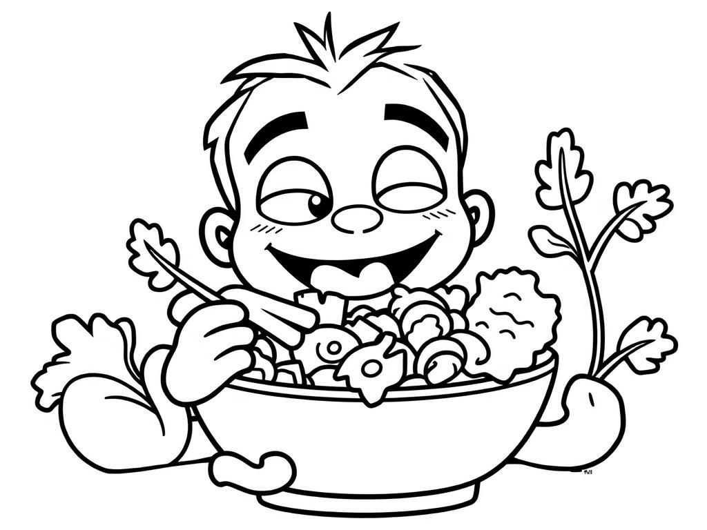 A random dandy’s world character eating a salad