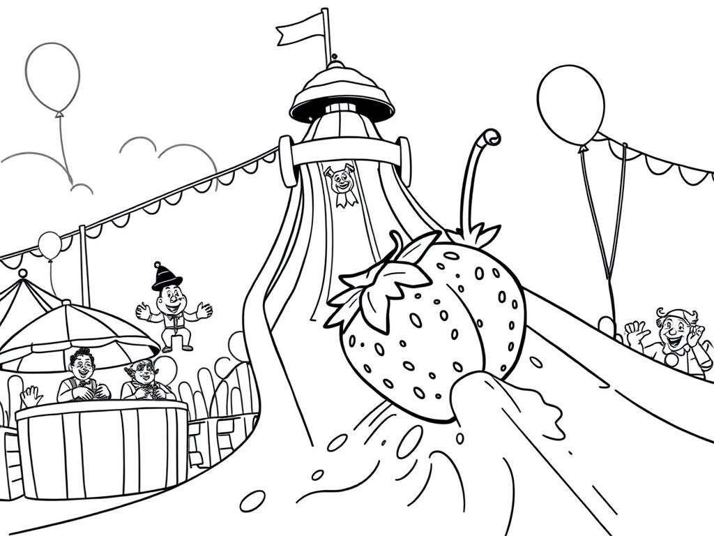 A raspberry and a strawberry on a water slide at an amusement park lots of balloons and clowns - Free Printable Coloring Page