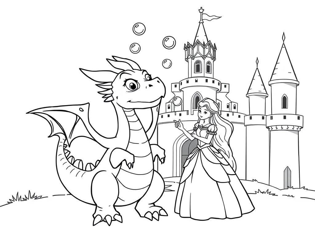 Preview of A realistic dragon and a beautiful princess standing in a castle blowing bubbles