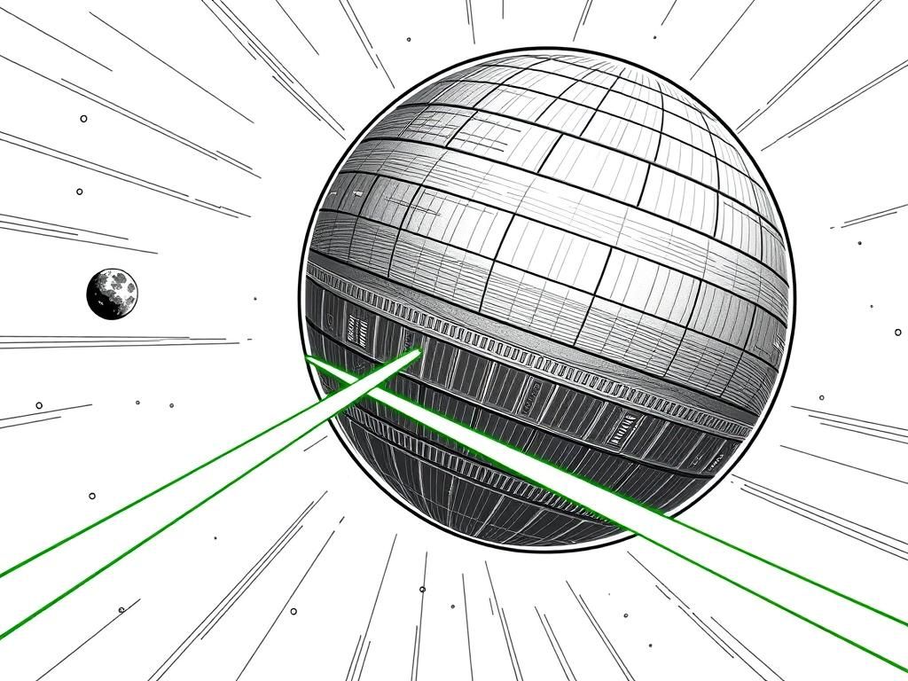 A realistic giant metal sphere with lines all over in space with a gargantuan green laser firing from it at a planet that is far away and smaller than it
