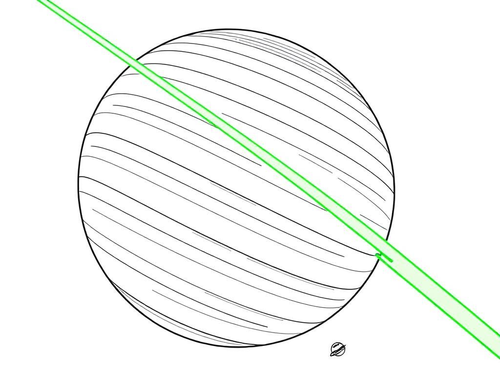 A realistic giant metal sphere with lines all over in space with one gargantuan green laser firing from it at a planet that is far away and smaller than it