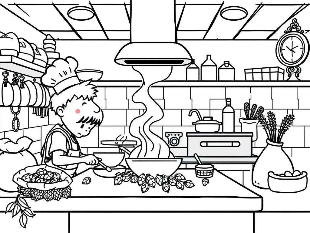 A restaurant kitchen with children cooking, one wearing a chef hat. Bags of hops and barley around.
